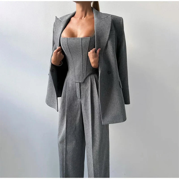 Sophie Dame 3-delt Sæt – Elegant Blazer, Korset og Højtaljede Bukser til Business og Stilfulde Looks