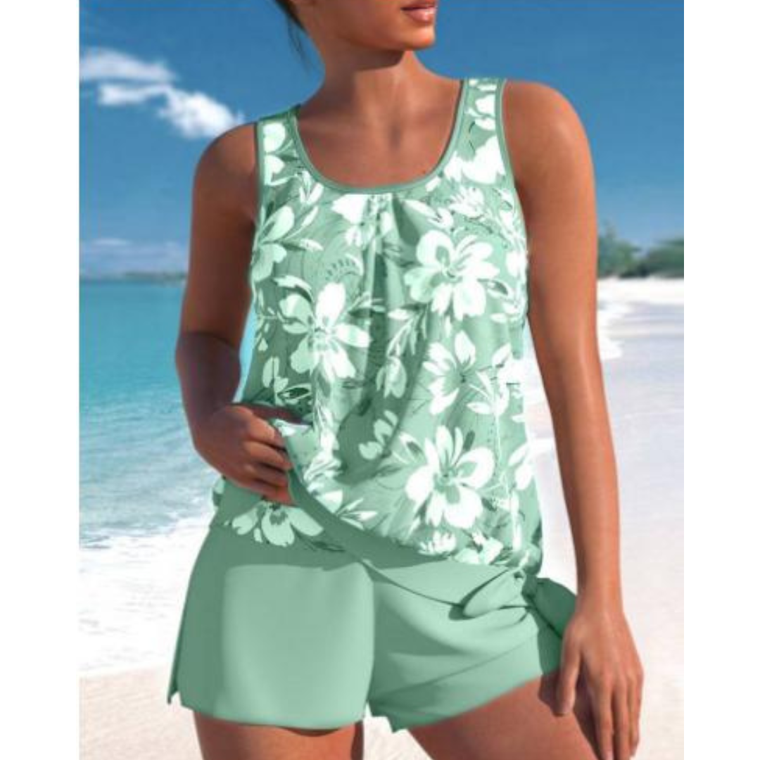 Adalina tankini til kvinder – Badetøj med blomsterprint, shorts og ærmeløs, behagelig pasform