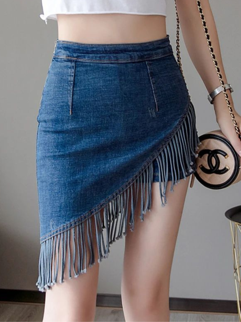 Taylor dame nederdel-shorts – Jeansnederdel med sjove frynser, indbyggede shorts og flatterende høj talje