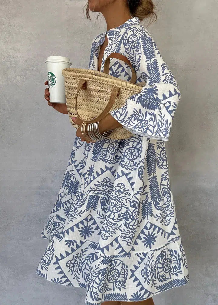 Chloe Mini Kjole til Kvinder – Blå V-Hals med Lange Ærmer og Behagelig Shift-Pasform