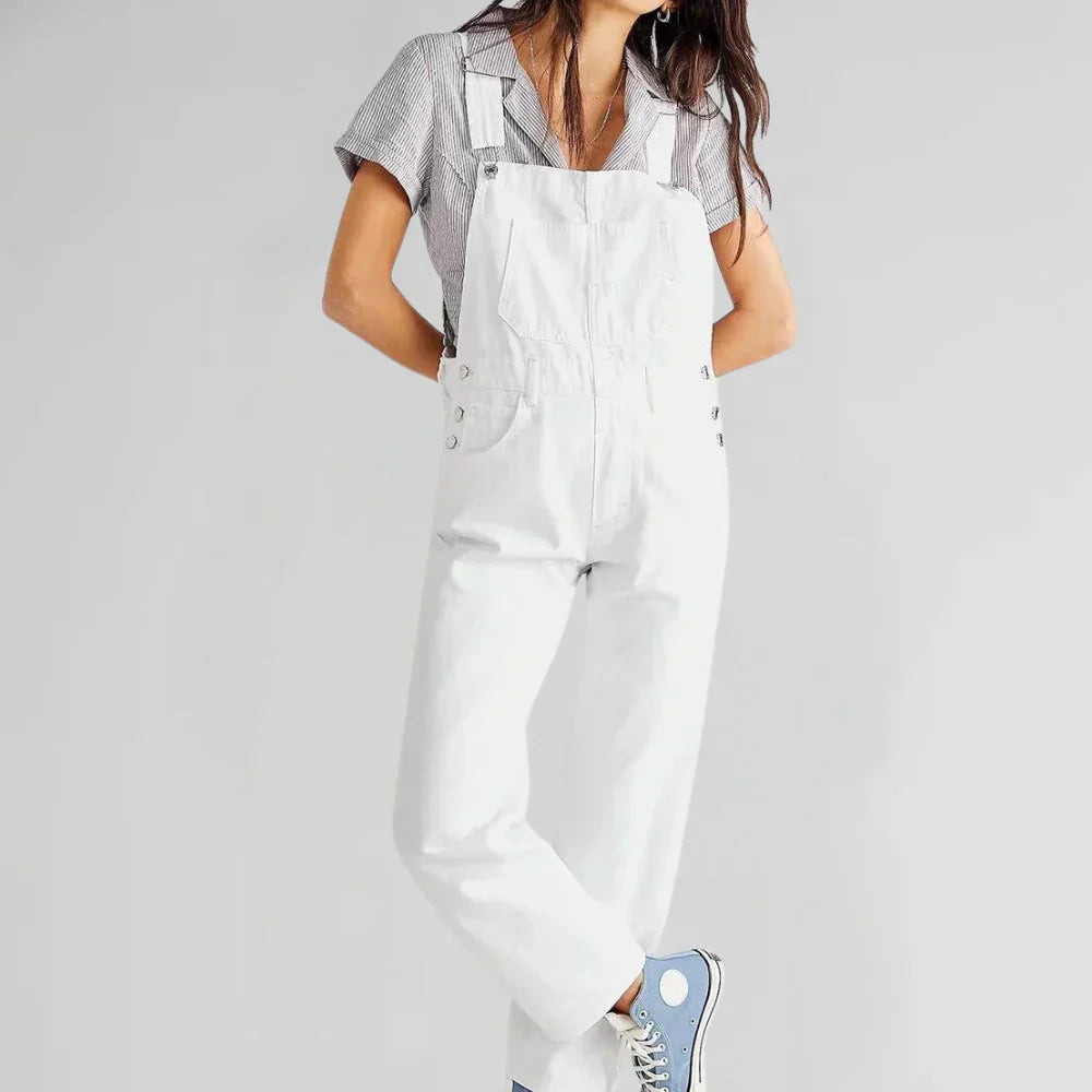 Charlotte Dame Denim Jumpsuit – Stilfuld & Behagelig, Taljeret Model med Knaplukning
