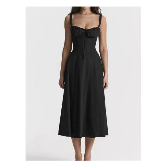 Luciana Dame Kjole – Fransk Knælængde Kjole med Høj Talje, A-form og Kunstlæder