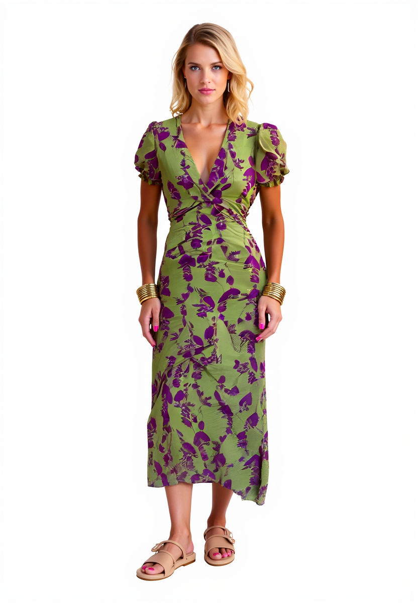 Sabrina Dame Letkjole – Blomstret Kjole med V-Hals, Moderne Farver og Komfortabel Pasform