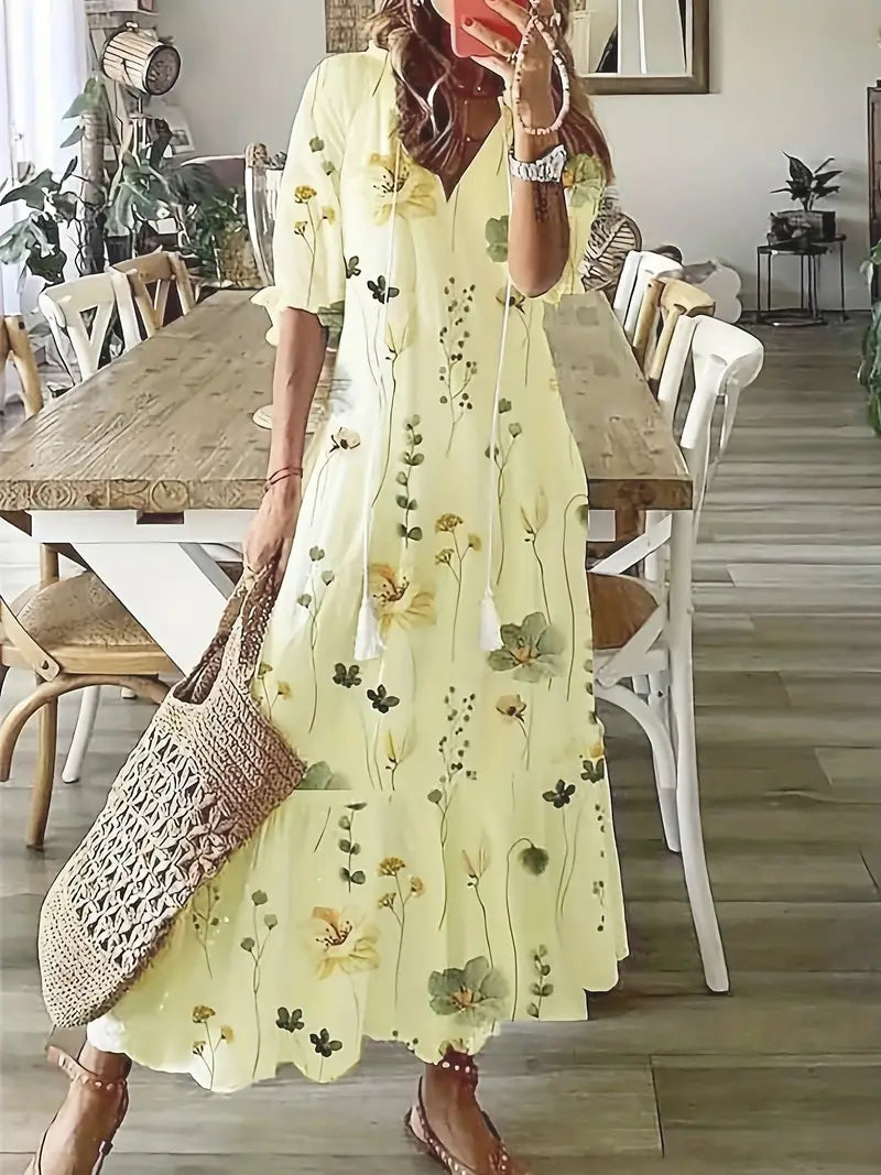 Sommerkjole til Kvinder Charm – Elegant Boho Kjole med Flæser, V-udskæring & Ikat-mønster