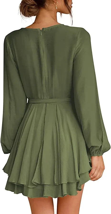 Cléo Dames Swingkjole – Casual Mini Kjole med V-hals, Bindebånd & Lange Ærmer