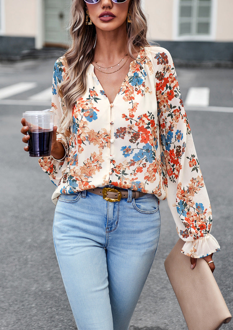 Aaliyah Dame Bluse – Let Blomstret Bluse med Lange Ærmer og V-Hals til Elegant Stil