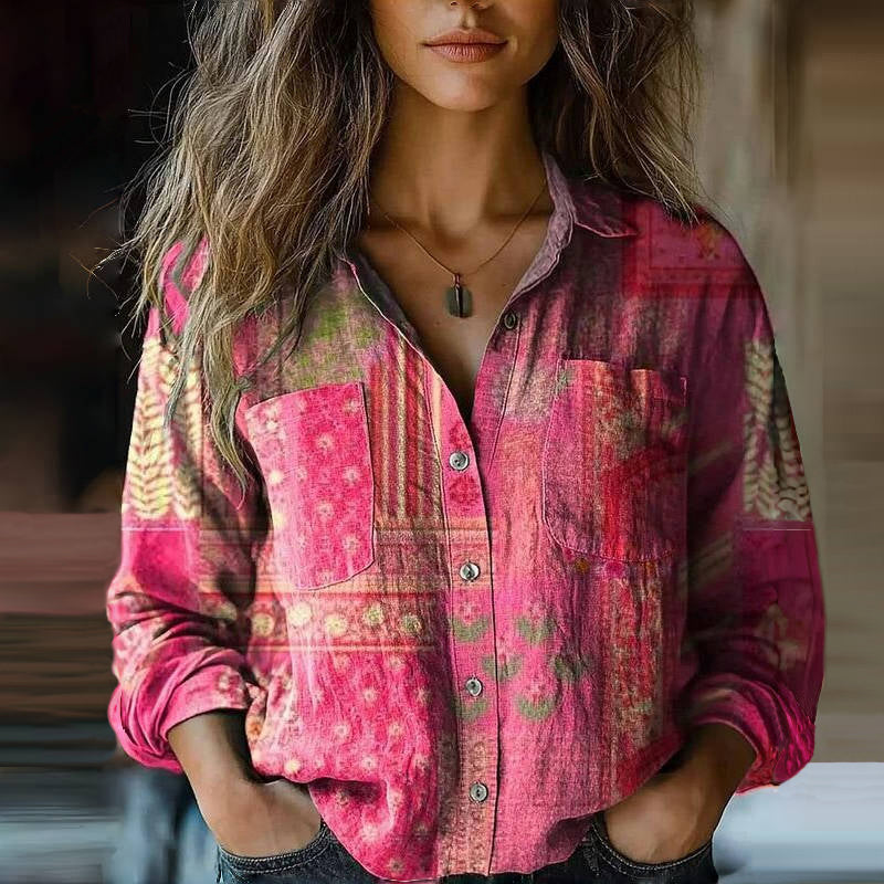Mira Vintage Damebluse – Let Bluse med Etnisk Print, Reverskrave & Lange Ærmer