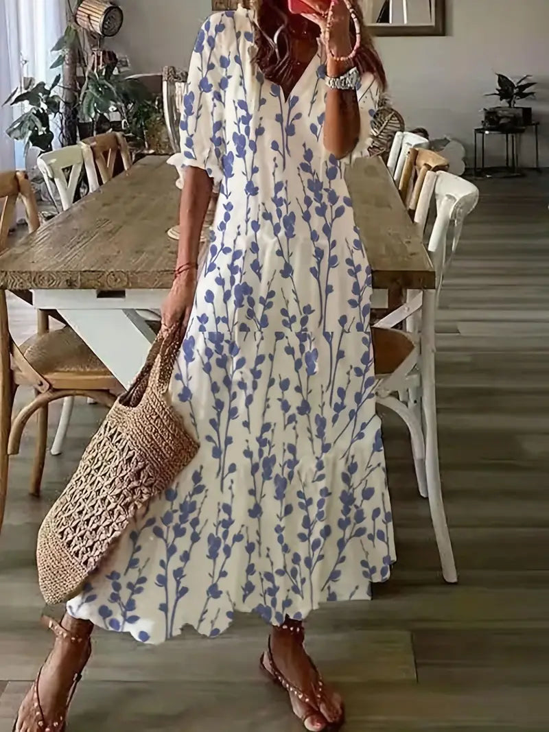 Sommerkjole til Kvinder Charm – Elegant Boho Kjole med Flæser, V-udskæring & Ikat-mønster
