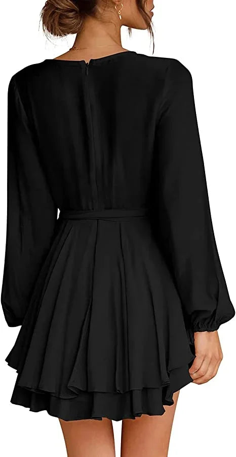 Cléo Dames Swingkjole – Casual Mini Kjole med V-hals, Bindebånd & Lange Ærmer