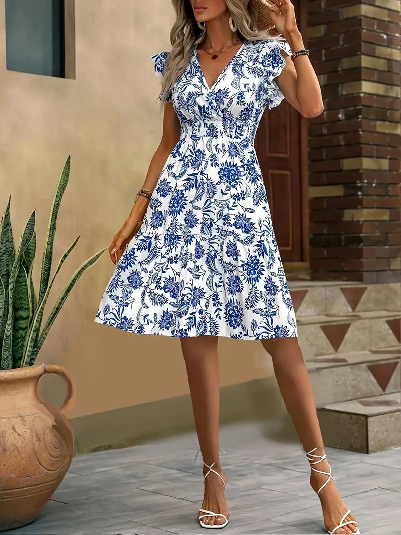 Lauren sommerkjole til kvinder – Elegant kjole med V-udskæring, flæser og taljefremhævning, perfekt til ferien