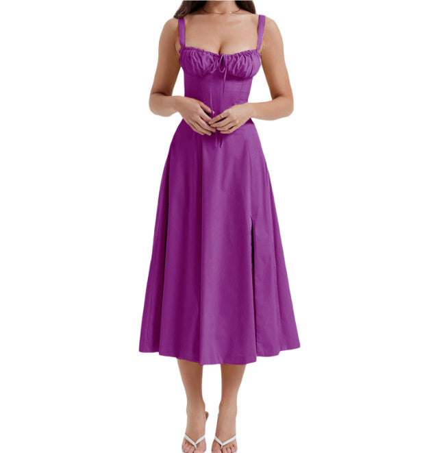 Luciana Dame Kjole – Fransk Knælængde Kjole med Høj Talje, A-form og Kunstlæder