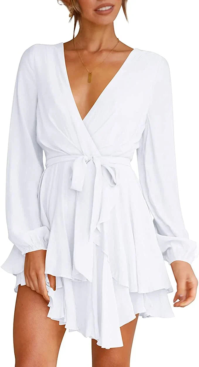 Cléo Dames Swingkjole – Casual Mini Kjole med V-hals, Bindebånd & Lange Ærmer