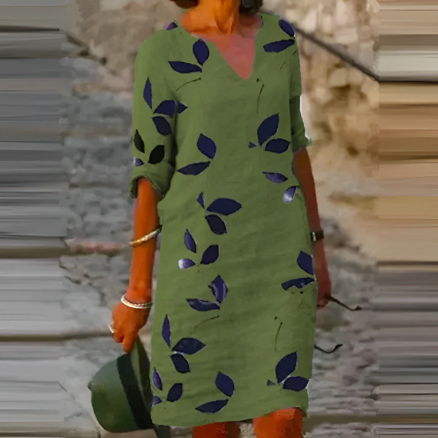 Demi Sommerkjole til Kvinder – Elegant Kjole med Bladmotiv, V-Hals og 3/4 Ærmer til Varme Dage