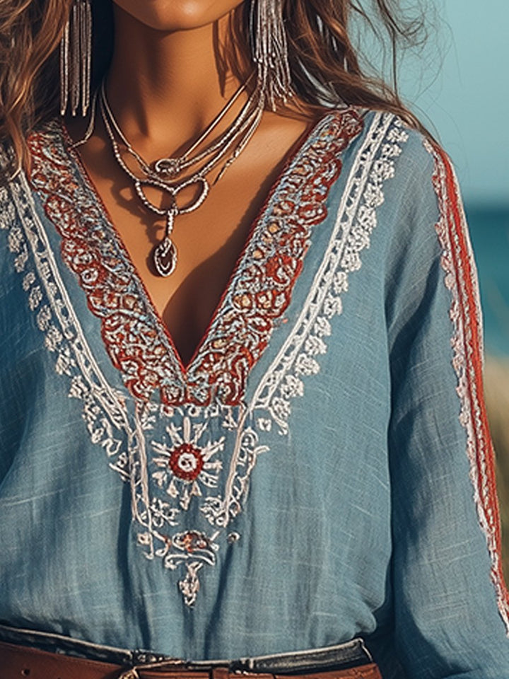 Eloise Dame Bluse – Boho Skjorte i Bomuld & Hør med Broderier & V-hals