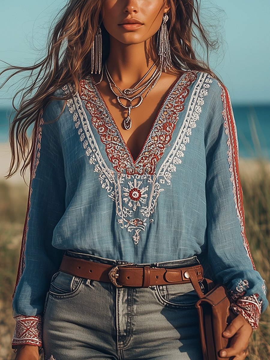 Eloise Dame Bluse – Boho Skjorte i Bomuld & Hør med Broderier & V-hals