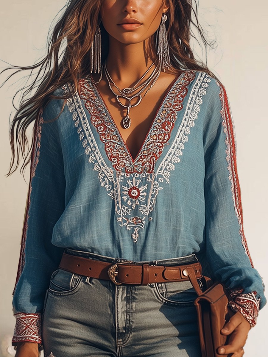 Eloise Dame Bluse – Boho Skjorte i Bomuld & Hør med Broderier & V-hals