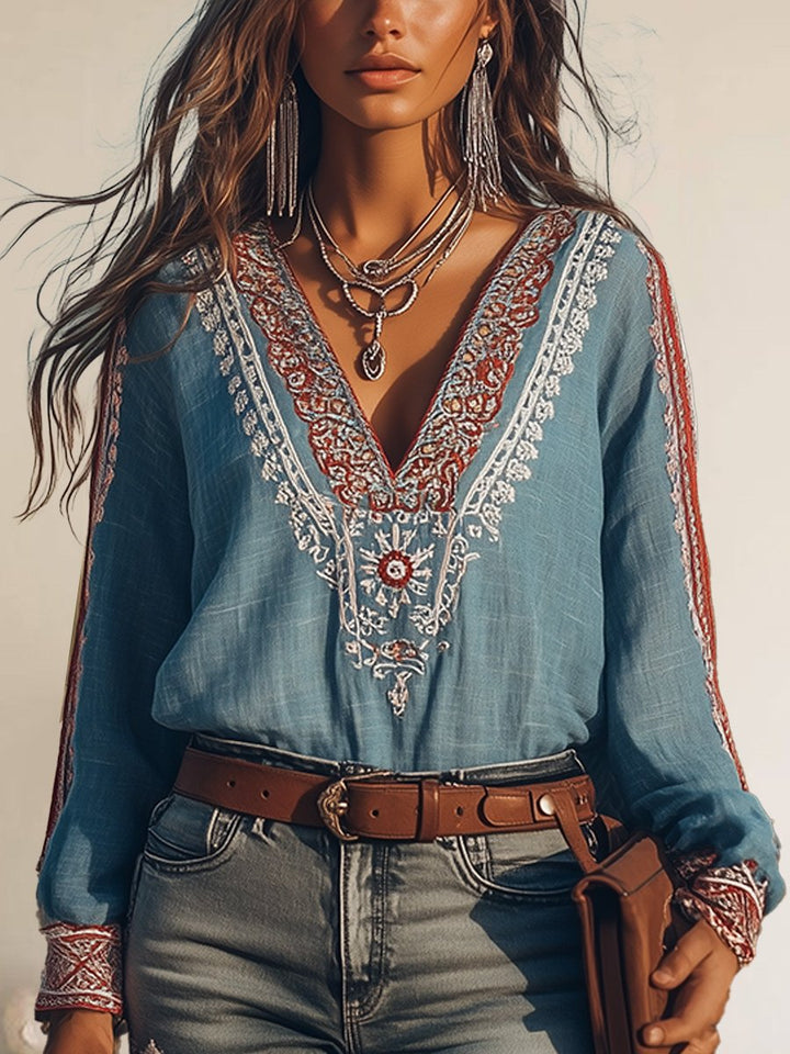 Eloise Dame Bluse – Boho Skjorte i Bomuld & Hør med Broderier & V-hals