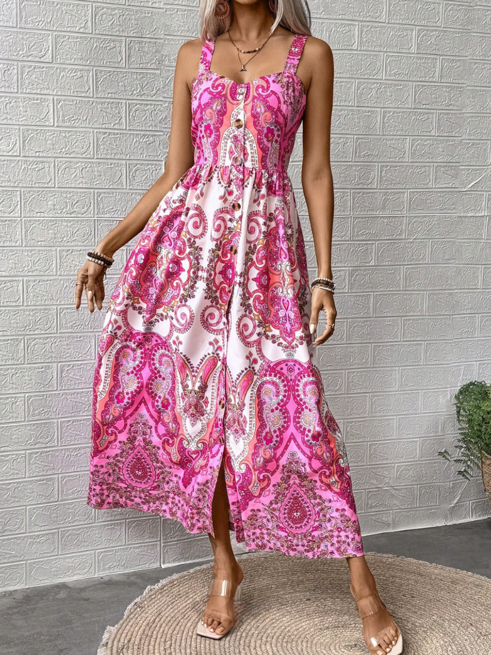 Luna Dame Lang Kjole – Boheme Sommerkjole med Spaghettistropper og Let Flydende Pasform