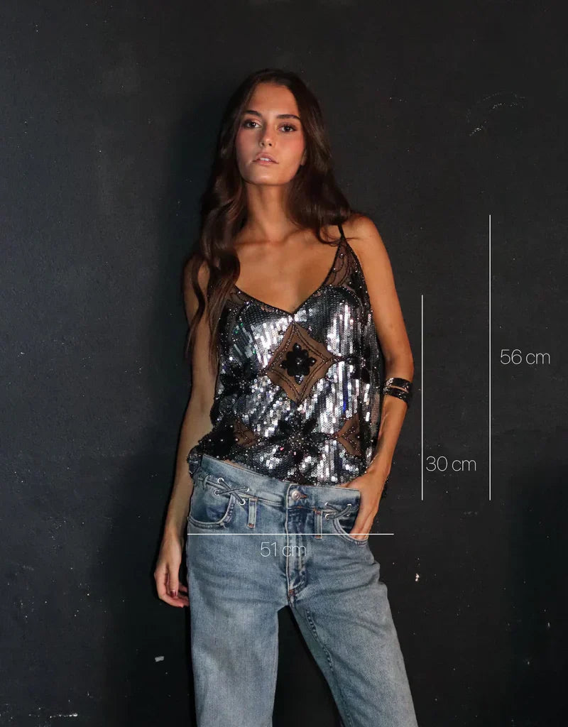 Diana Dame Top – Elegant Semi-Transparent Blomsterdesign med Palietter og V-udskæring