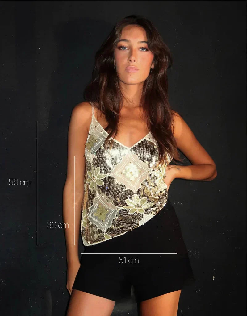 Diana Dame Top – Elegant Semi-Transparent Blomsterdesign med Palietter og V-udskæring