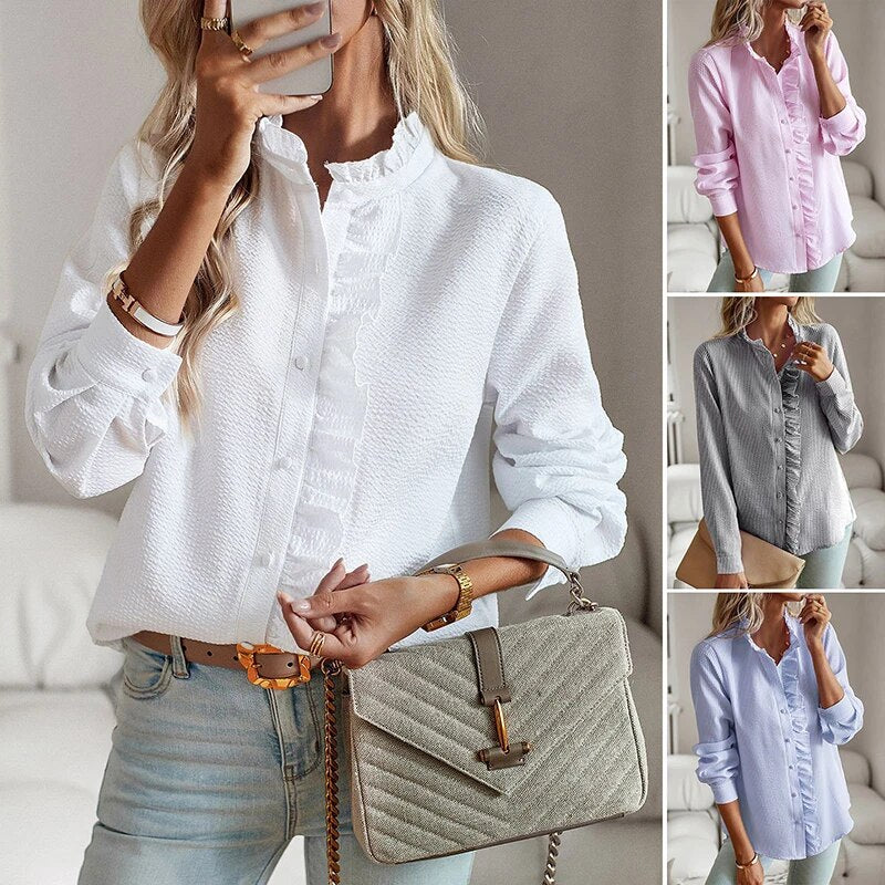 Lisbeth Damebluse – Elegant Bluse med Lange Ærmer, Ståkrave og Løst Snit