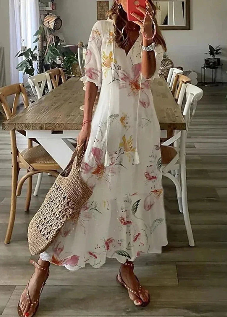 Kasey Sommerkjole til Kvinder – Let Lang Kjole med Blomstermønster, Taljebælte og 3/4-Ærmer