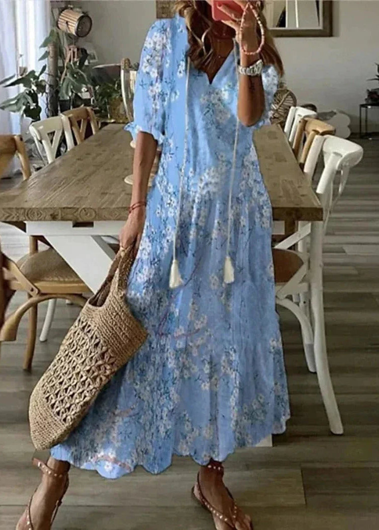 Kasey Sommerkjole til Kvinder – Let Lang Kjole med Blomstermønster, Taljebælte og 3/4-Ærmer