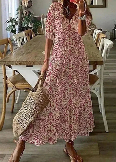 Kasey Sommerkjole til Kvinder – Let Lang Kjole med Blomstermønster, Taljebælte og 3/4-Ærmer