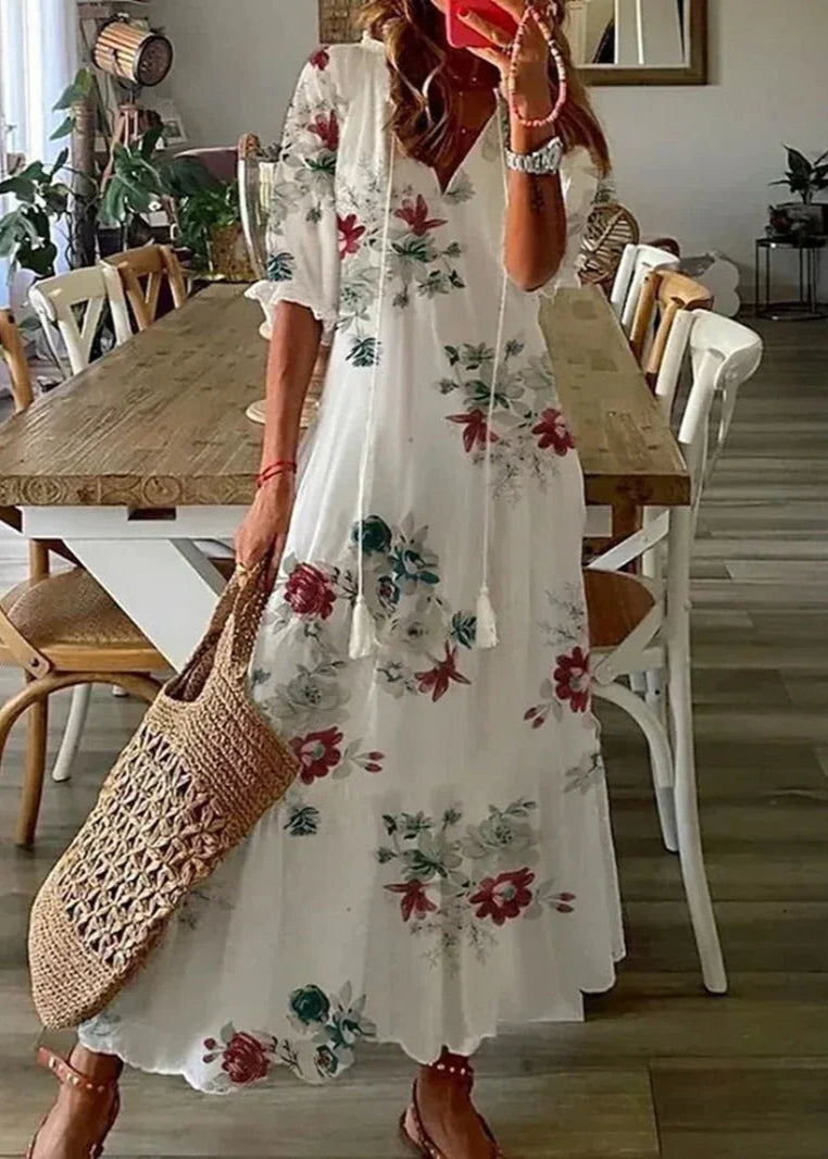 Kasey Sommerkjole til Kvinder – Let Lang Kjole med Blomstermønster, Taljebælte og 3/4-Ærmer
