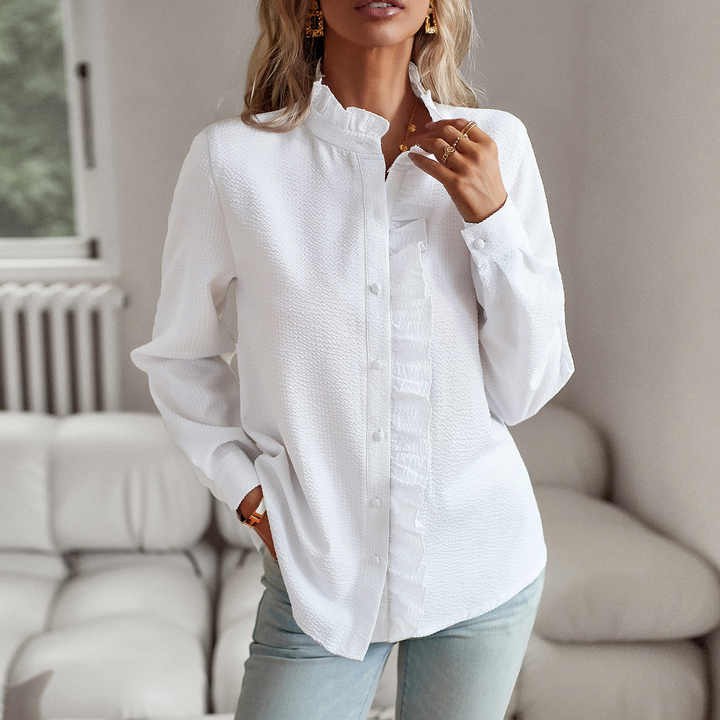 Lisbeth Damebluse – Elegant Bluse med Lange Ærmer, Ståkrave og Løst Snit